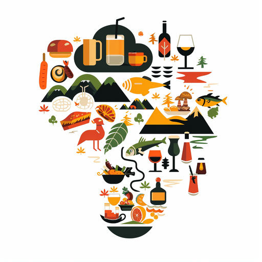 Culinary map with food and drink icons for various regions