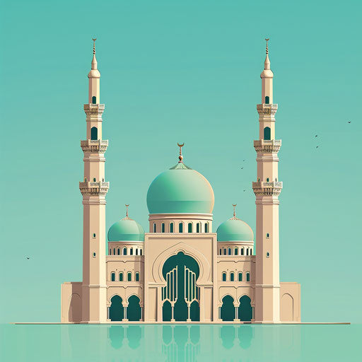 Realistic mosque clipart on flat turquoise background