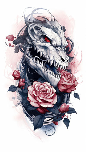 Dragon and two roses tattoo styled in white and blue