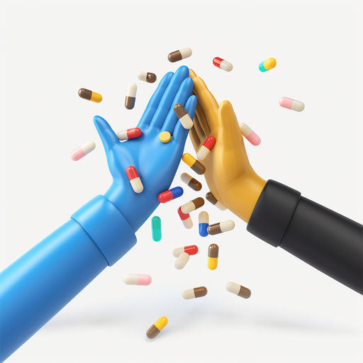 3D icon of two hands high-fiving, one in blue sleeve and the other in black sleeve with scattered pills on white background