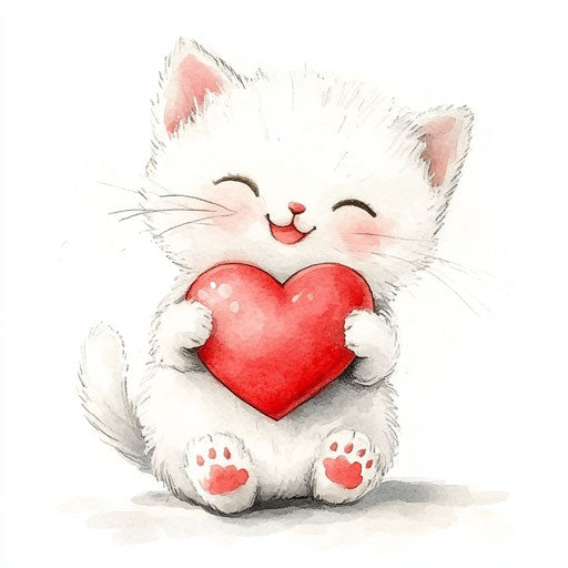 White kitten holding a red heart