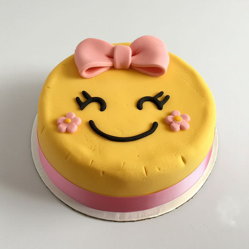 Yellow smiley face cake with pink bow and winking eyes