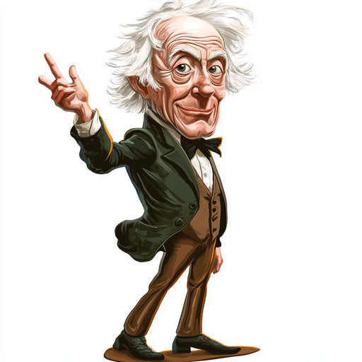 Humorous caricature of a Michael Faraday clipart with human characteristics, exaggerated pointed nose, big hands, whimsical mood, vibrant colors, cartoon style, waving, high resolution, no background, isolated