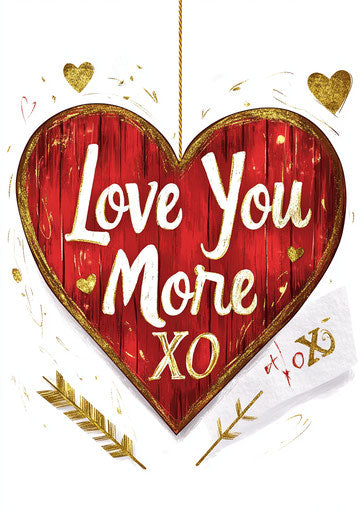 Heart-shaped sign with words 'Love You More', wood style