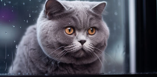 British shorthair cat in window, dark silver and light purple style