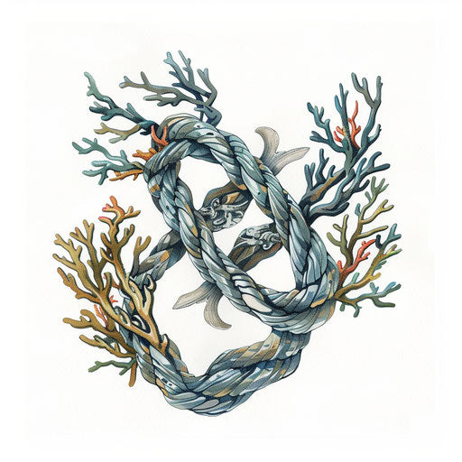 Sailing knot intertwined with seaweed and coral, symbolizing strength and resilience, as an ocean tattoo, on white backdrop