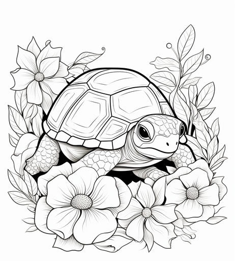 Coloring page of cute turtle with flowers and leaves