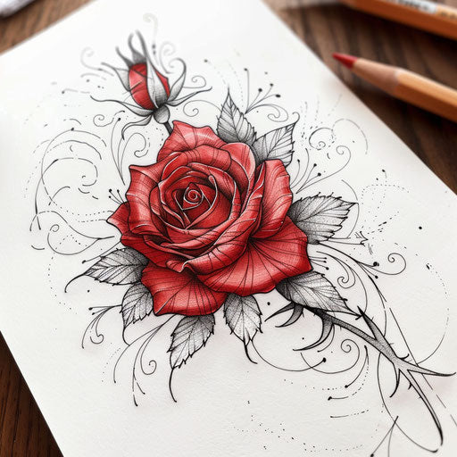 Intricate tattoo sketch of a red rose with fine lines and soft shading