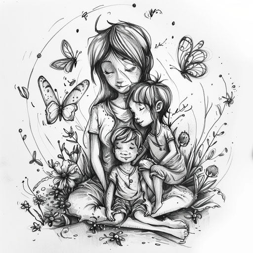 Flat tattoo sketch of three children for moms