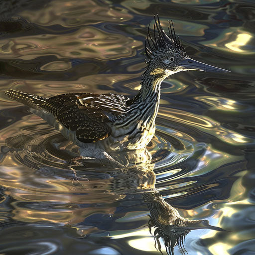Running bird on a reflective water surface with light play