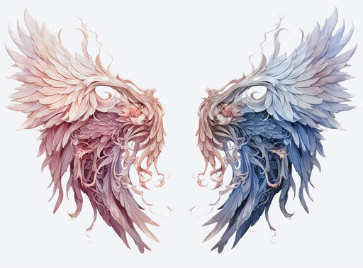 Blue and pink wings on white, intricate illustrations, soft mist