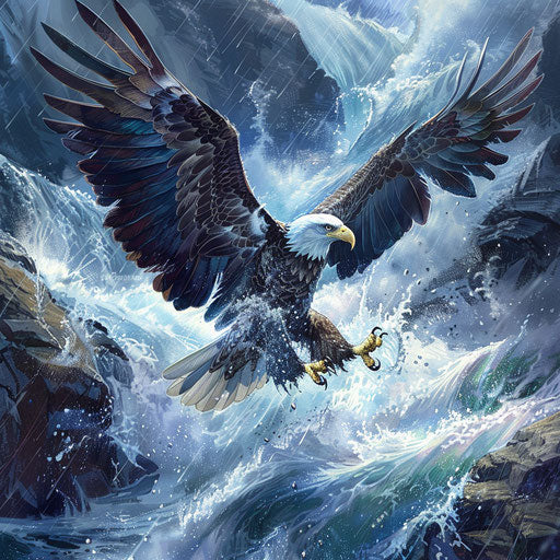 Powerful bald eagle landing on rocky island in middle of raging river, with water splashing