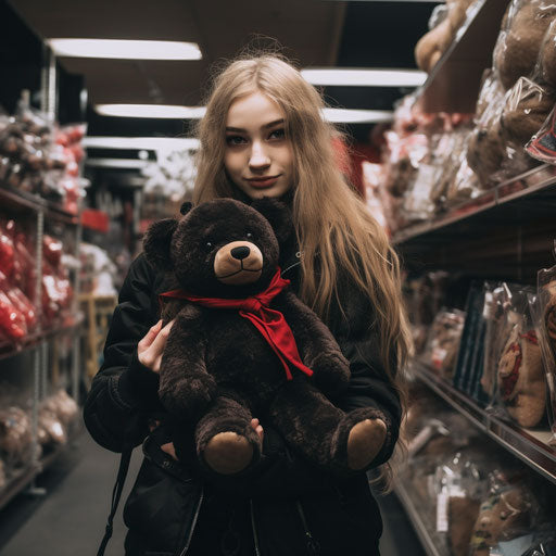 Girl in black jacket carrying a teddy bear in a store