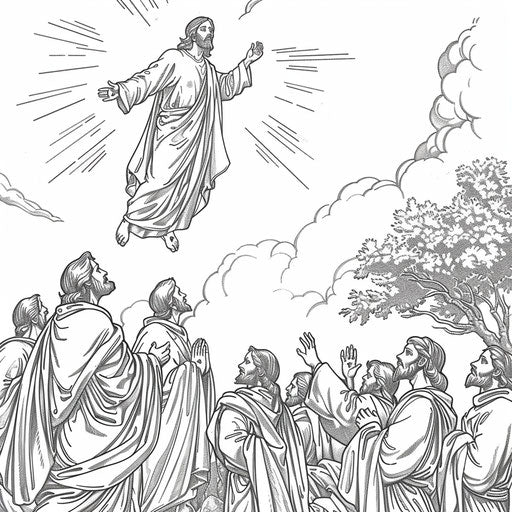 Jesus' ascension into heaven with his disciples watching