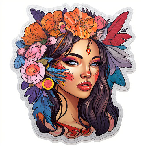 Girl tattoo with bird headdress, feathers and roses