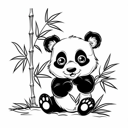 Adorable panda with bamboo on a coloring book page