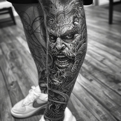 Gritty leg tattoo for men inspired by dark fantasy themes