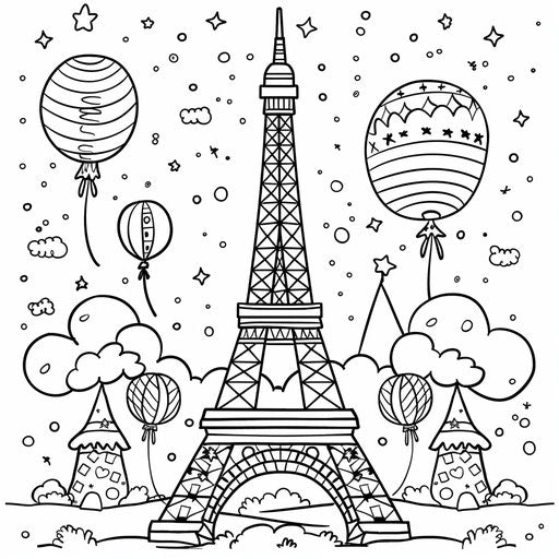 Cute Eiffel Tower with balloons and playful elements for children. Coloring book page