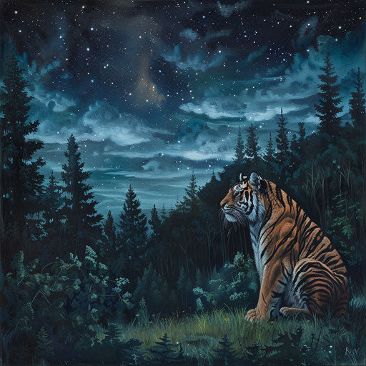 Siberian tiger contemplating starry night in forest