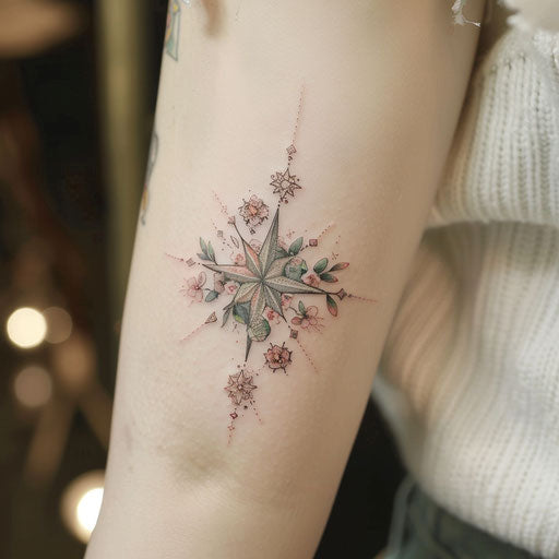 Elegant tattoo sketch of the North Star with delicate floral elements