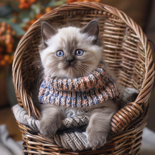 Himalayan kitten in adorable sweater, sitting in wicker chair