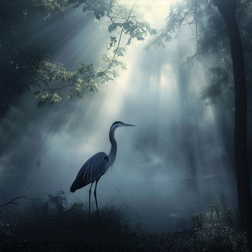 Blue heron in a foggy forest with beams of light