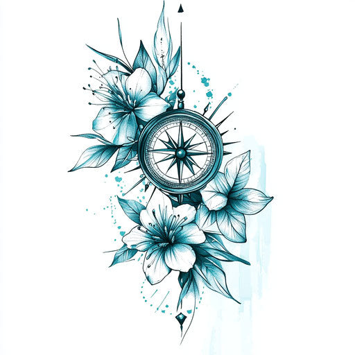 Small forearm tattoo design: compass and floral in teal