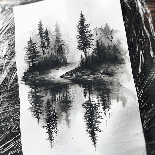 Black and grey forest with serene lake on white backdrop