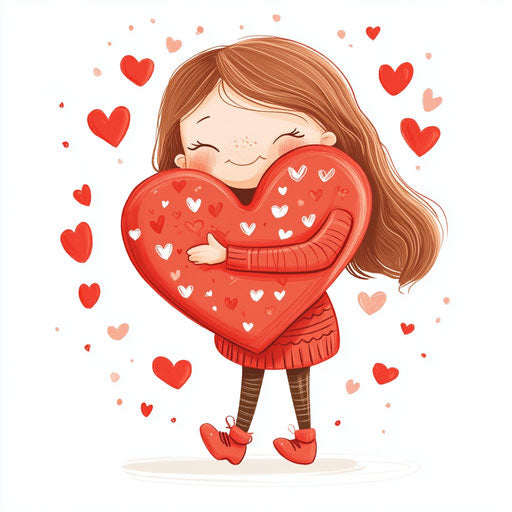 Happy girl hugging a big red heart