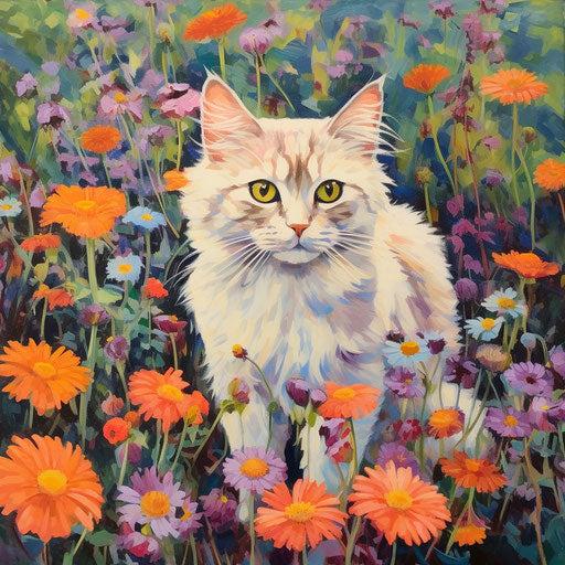 Manx cat in a field of flowers