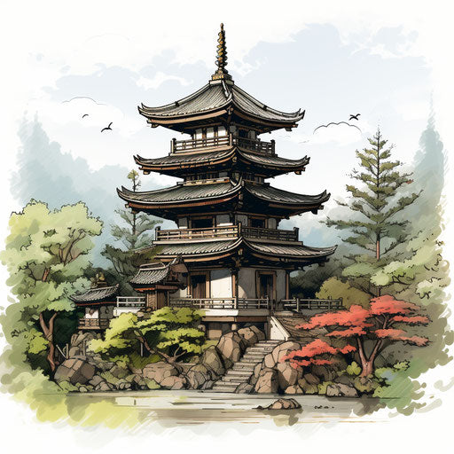 Stylized Japanese temple in tranquil gardens