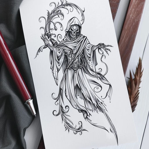 Elegant reaper tattoo with art nouveau influences and flowing lines