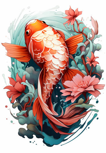 Koi fish with lotus design, red and amber style