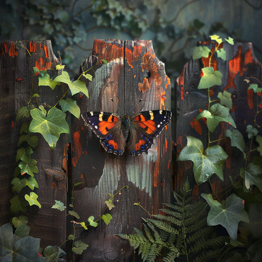 Red admiral butterfly on rustic fence with wild ivy and ferns
