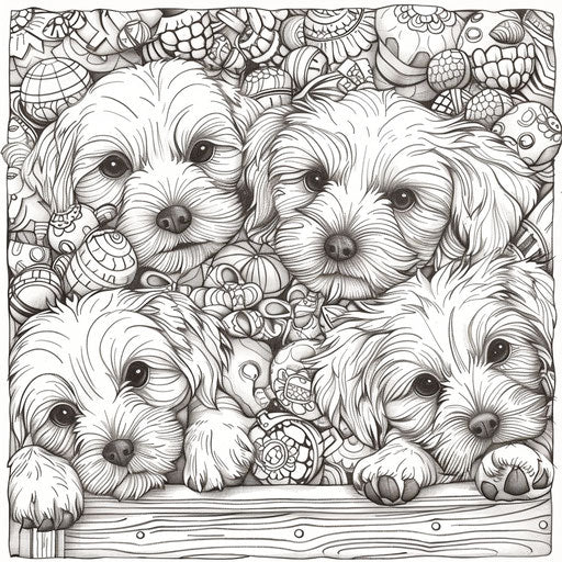 Puppies playing with toys. Coloring book page