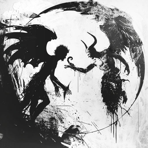 Dynamic flat tattoo sketch of an angel pulling a devil from the shadows, high contrast