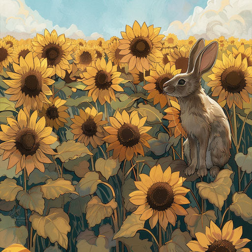 A rabbit in the midst of a field of towering sunflowers