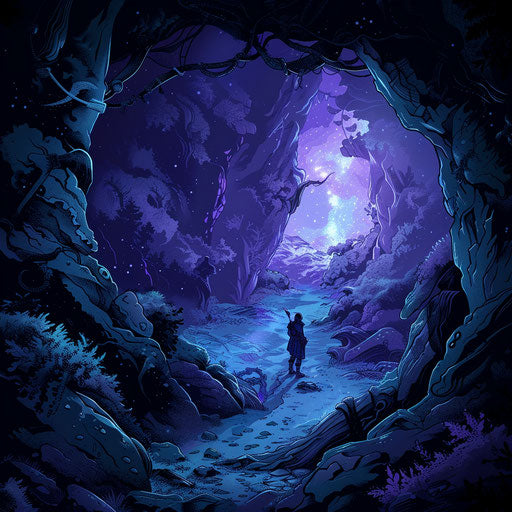 Exploring a mystical cave in blues and purples