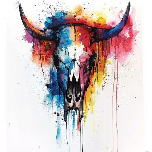 Abstract bull skull with colorful watercolor splashes