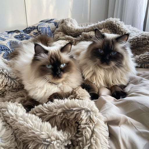 Two Himalayan cats lounging on a bed with a fluffy comforter