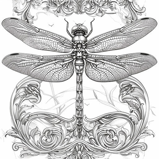 Detailed Victorian-era dragonfly with ornate designs, coloring book page