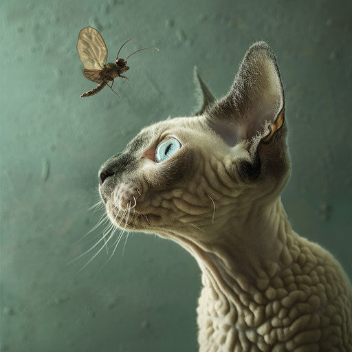 Cornish rex cat staring at an insect