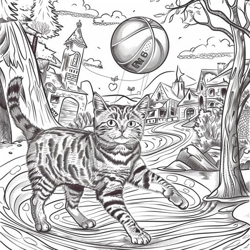 A cat playing basketball with a ball
