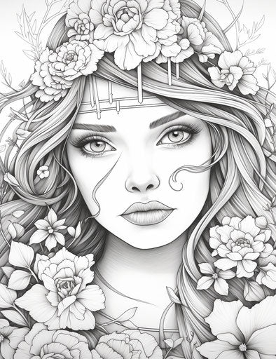 Woman in flowers coloring page, realistic portrait style