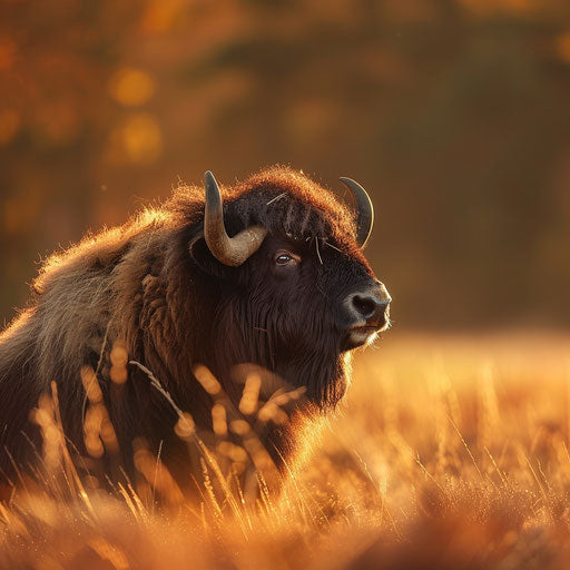 Musk ox in a peaceful meadow with warm lighting