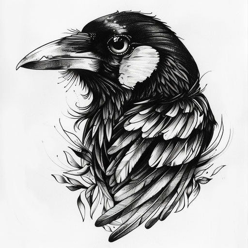 Classic sketch of a magpie with detailed feathers and bright eyes