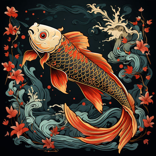 Koi fish design and illustration, pop art style, light gray and dark amber, light bronze and red, emotion over realism