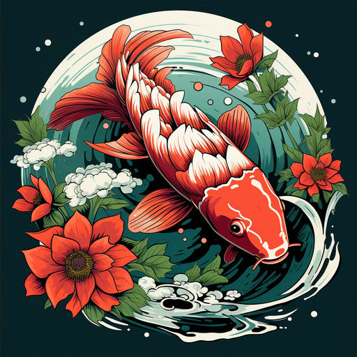 Japanese koi fish with water lily, pop art colors, white background