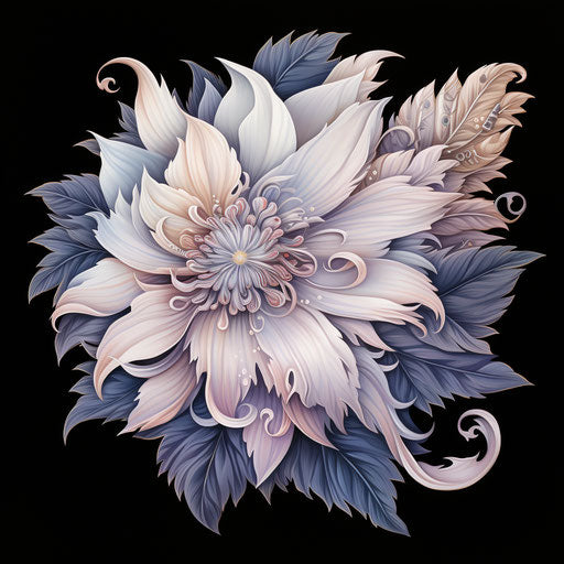 White flower with white feathers, tattoo style, colorized