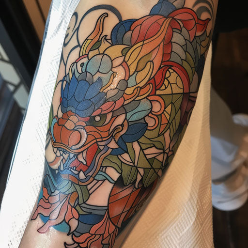 Stained glass style foo dog tattoo with colors separated by black lines on white canvas